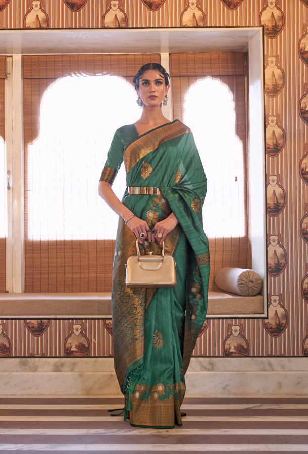 Thumbnail: Women's Bottle Green Tussar Silk Copper Zari Weaving Saree