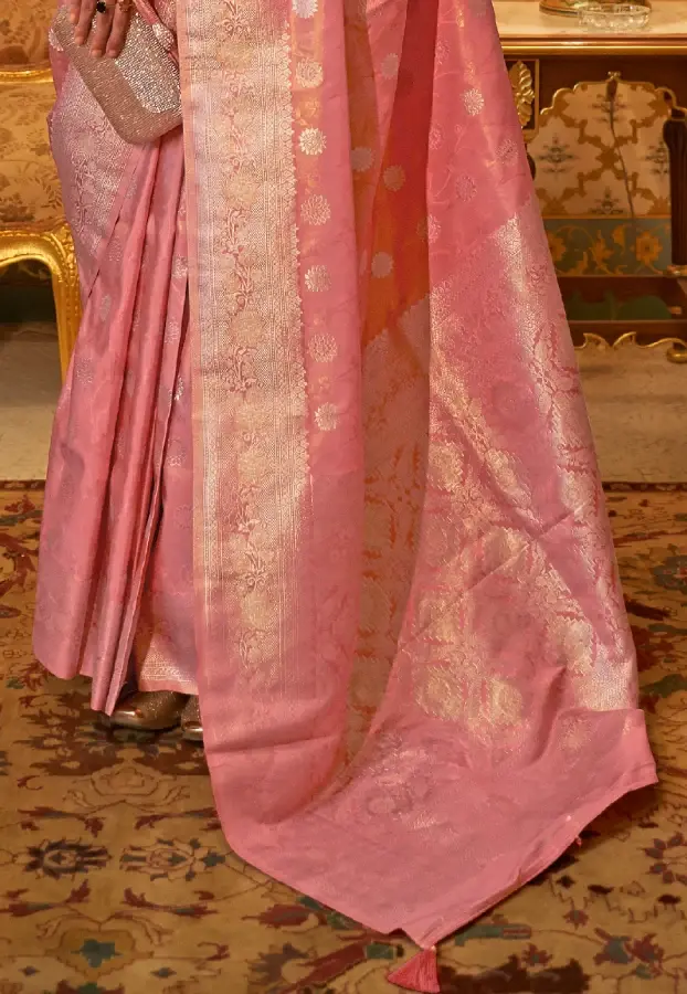 Thumbnail: Exquisite Handloom Pink Silk Sari – Masterpiece for Weddings
