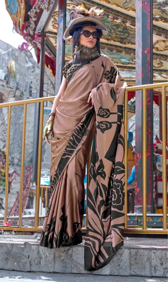 Thumbnail: Brown Digital Print Satin Crepe Saree