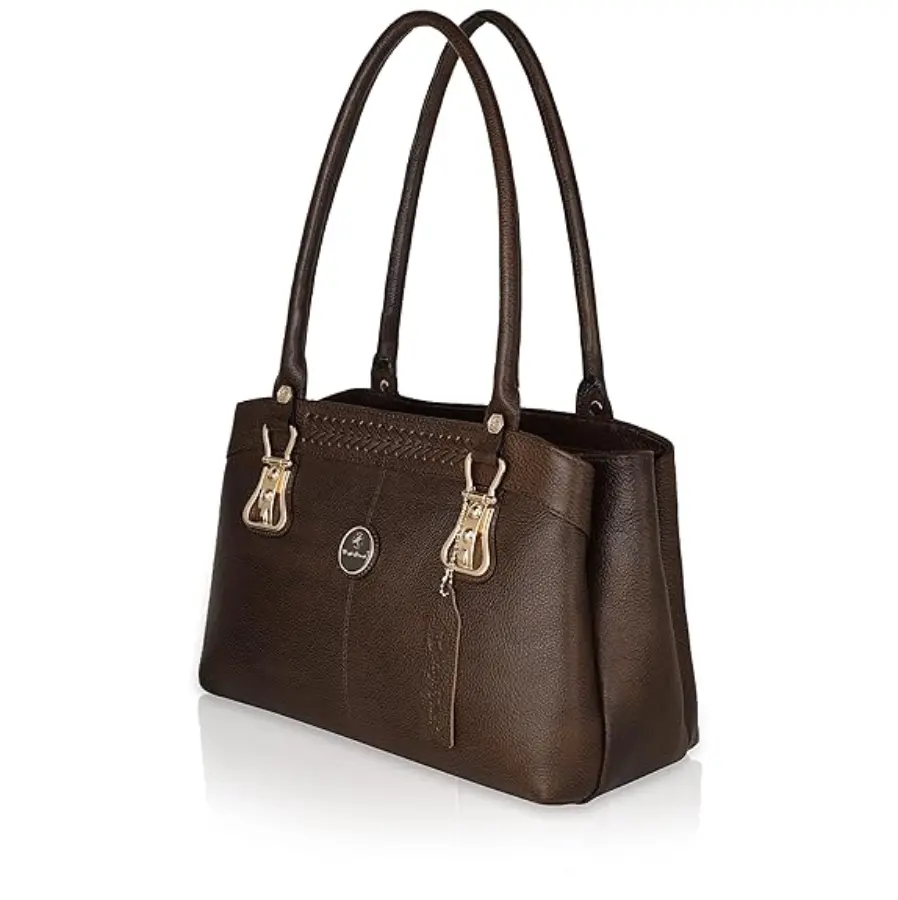 Thumbnail: Elegant Brown Leather Handbag with Gold Buckle