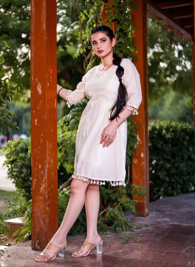 Partywear Designer Off-White Khadi Cotton Dress with Multi-Thread Handwork