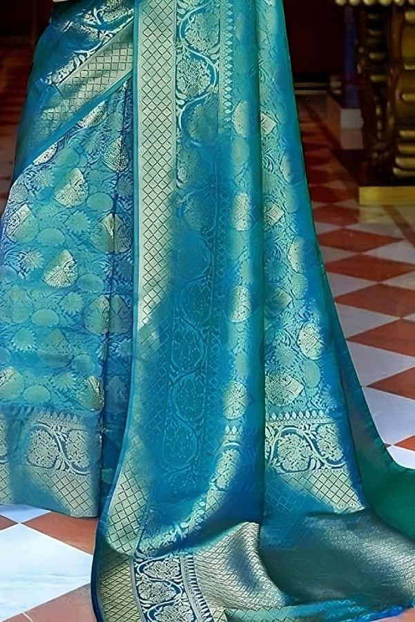 Thumbnail: Teal Blue Woven Banarasi Silk Saree