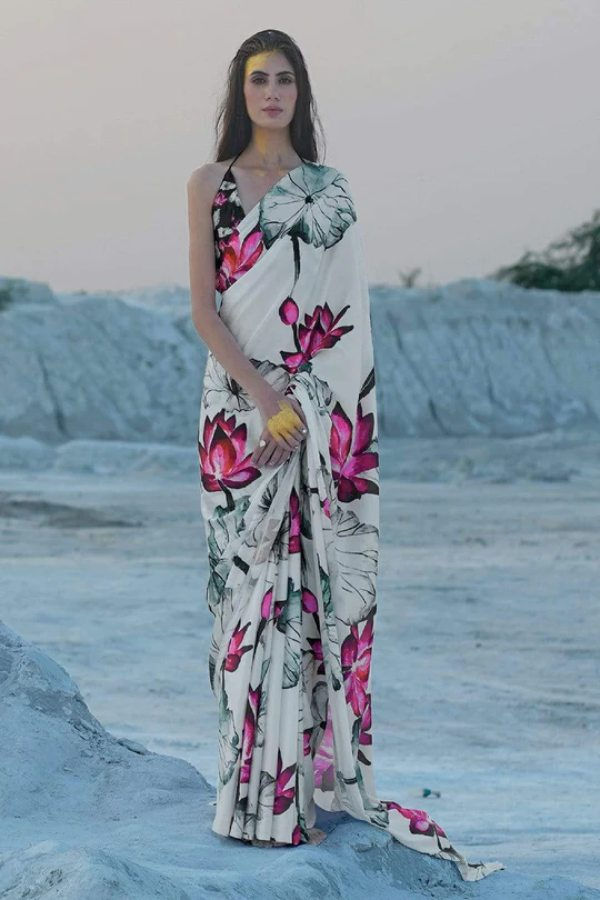 Thumbnail: White Printed Satin Silk Saree