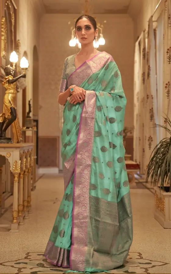 Fern Grey Tussar Silk Sari with Intricate Zari Work & Butta Design