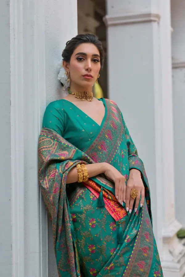Thumbnail: Premium Green Pashmina Silk Saree | Woven Banarasi Saree