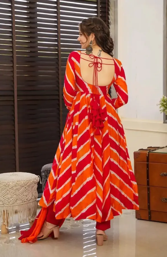 Thumbnail: Orange and Red Leheriya Printed Soft Organza Anarkali Stitched Suit