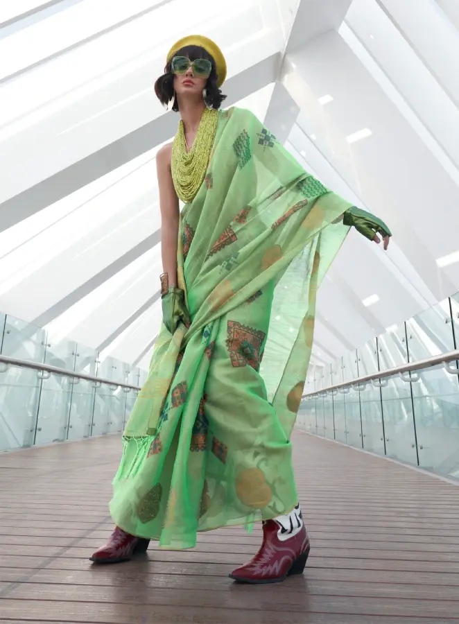 Thumbnail: Green Woven Art Silk Saree With Digital Print