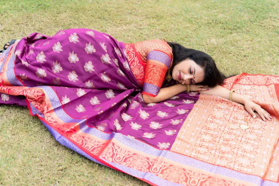 Thumbnail: Purple Kanchipuram Handloom Silk Saree And Unstitched Blouse