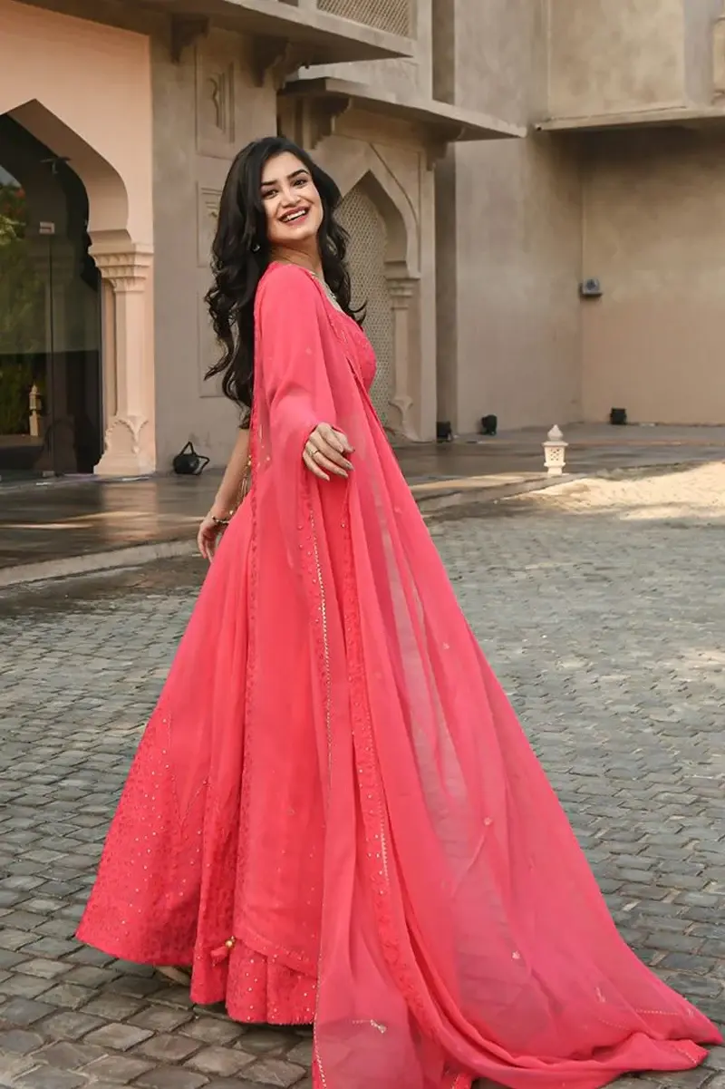 Thumbnail: Rani Pink Georgette Lehenga Choli With Dupatta For Wedding