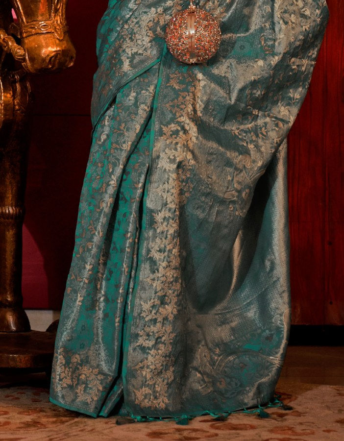 Thumbnail: Women's Teal Green Banarasi Handloom Weaving Silk Saree