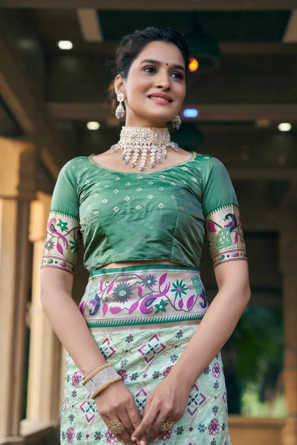 Thumbnail: Women's Pastel Green Printed Patola Paithani Silk Saree