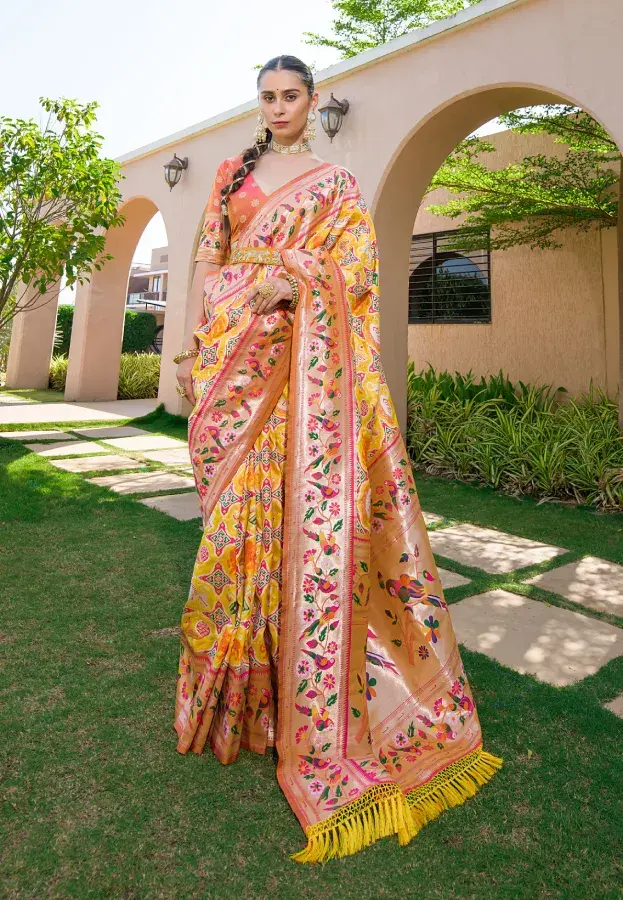 Mustard Yellow Woven Paithani Meena Silk Saree