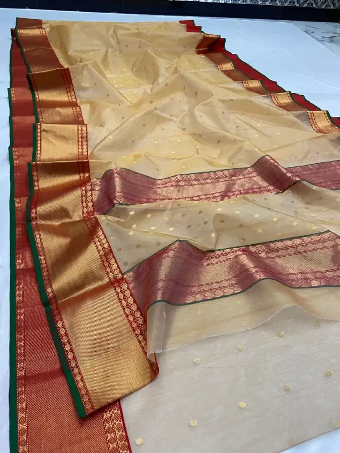 Thumbnail: Gold Sand Chanderi Katan Silk Saree with Red Zari Border