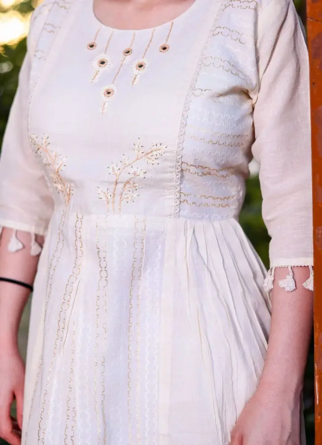 Thumbnail: Partywear Designer Off-White Khadi Cotton Dress with Multi-Thread Handwork