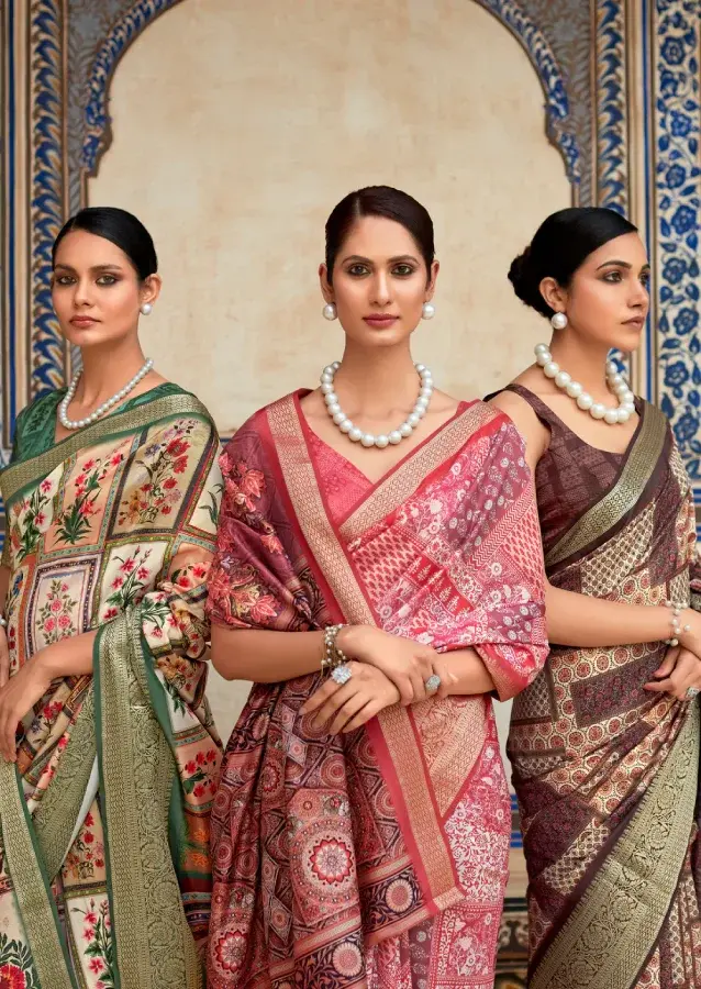 Thumbnail: Pink Banarasi Printed Silk Saree