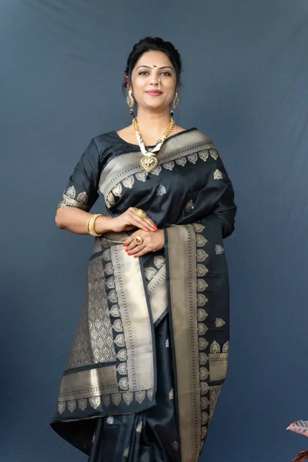 Thumbnail: Black Banarasi Silk Saree With Blouse Piece