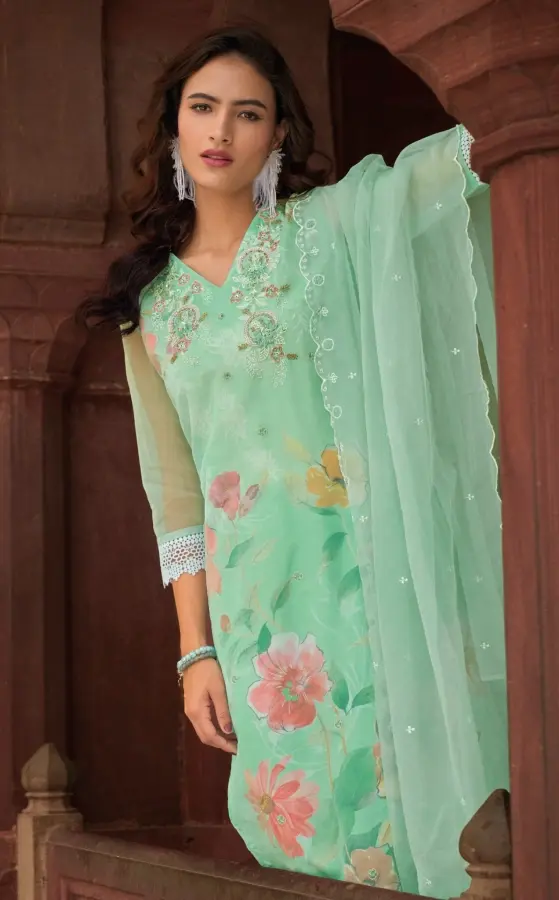 Thumbnail: Summer Green Silk Embroidered  Readymade Pant Suits