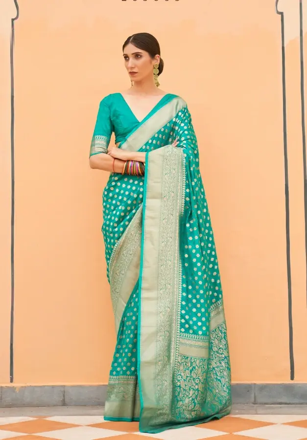 Green Khaddi Georgette Polka Dot Banarasi Saree