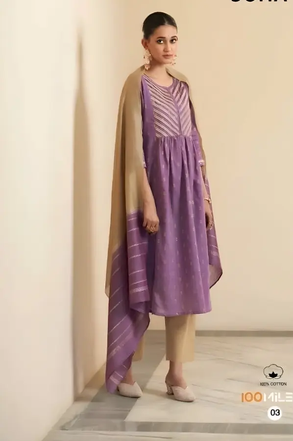 Purple Embroidered Cotton Jacquard Kurta Trouser Dupatta Set