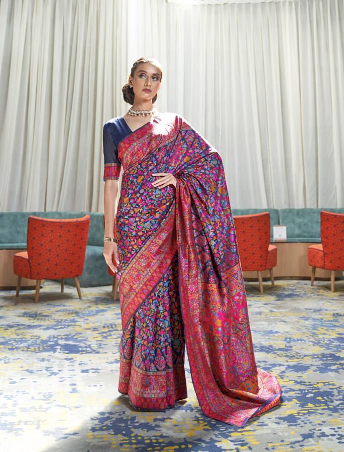 Blue Jamawar Kashmiri Weaving Silk Saree