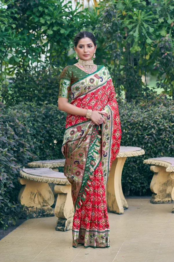 Thumbnail: Women's Red Printed Patola Paithani Silk Saree