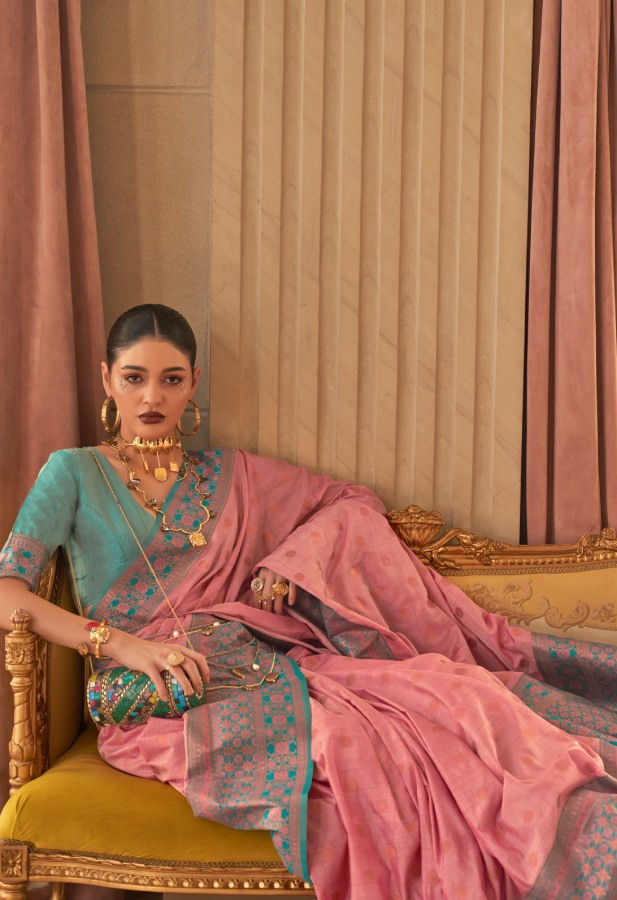 Thumbnail: Women's Pink Contrast Bordered Soft Kanjivaram Silk Saree