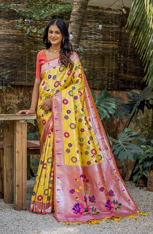 Thumbnail: Women's Yellow Meenakari Zari Woven Paithani Silk Saree