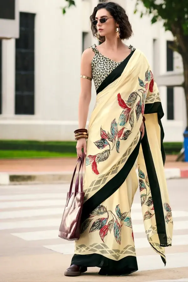 Thumbnail: Bisque Cream Printed Satin Crepe Saree