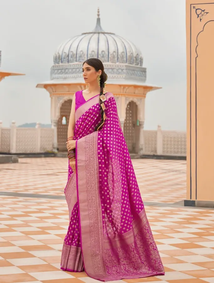Thumbnail: Pink Khaddi Georgette Polka Dot Banarasi Saree