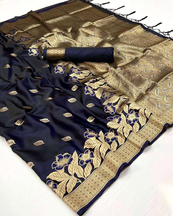 Thumbnail: Women's Navy Blue Woven Satin Saree With Tassels