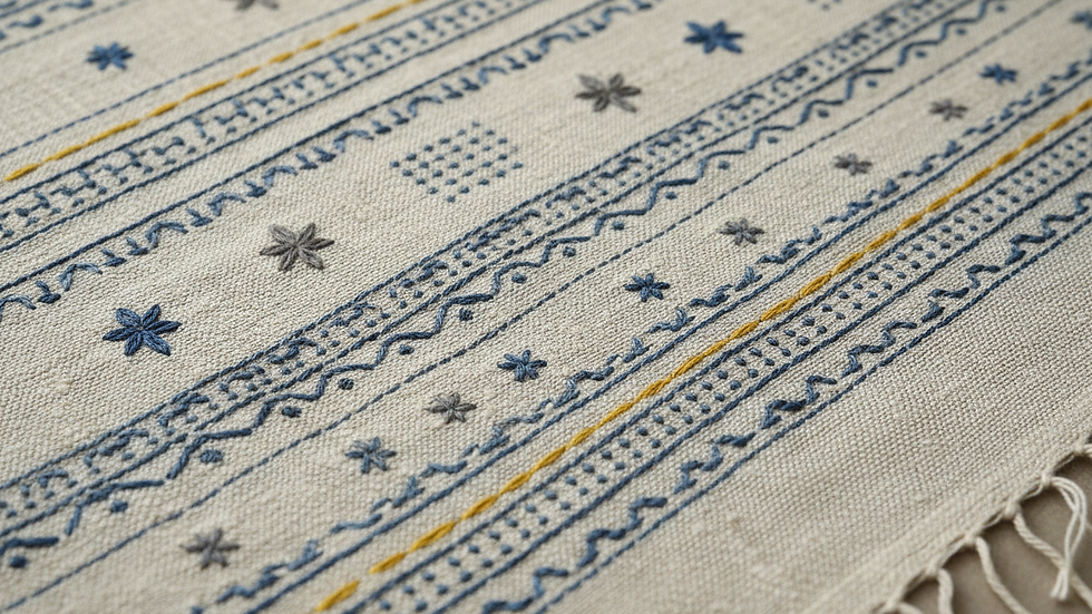 Close-up view of handloom fabric with intricate minimalistic embroidery