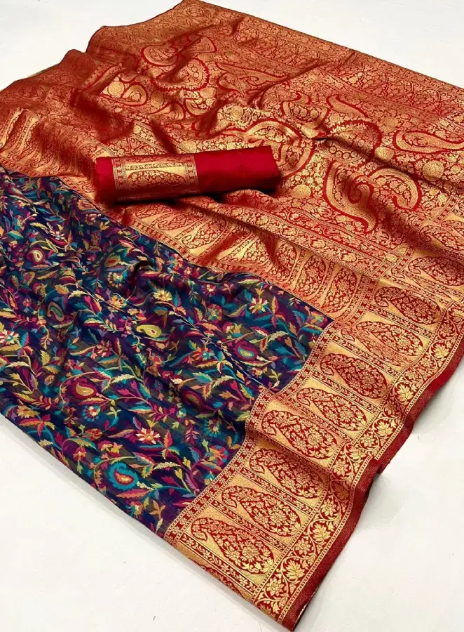 Thumbnail: Blue Banarasi Kashmiri Modal Silk Saree With Blouse Piece