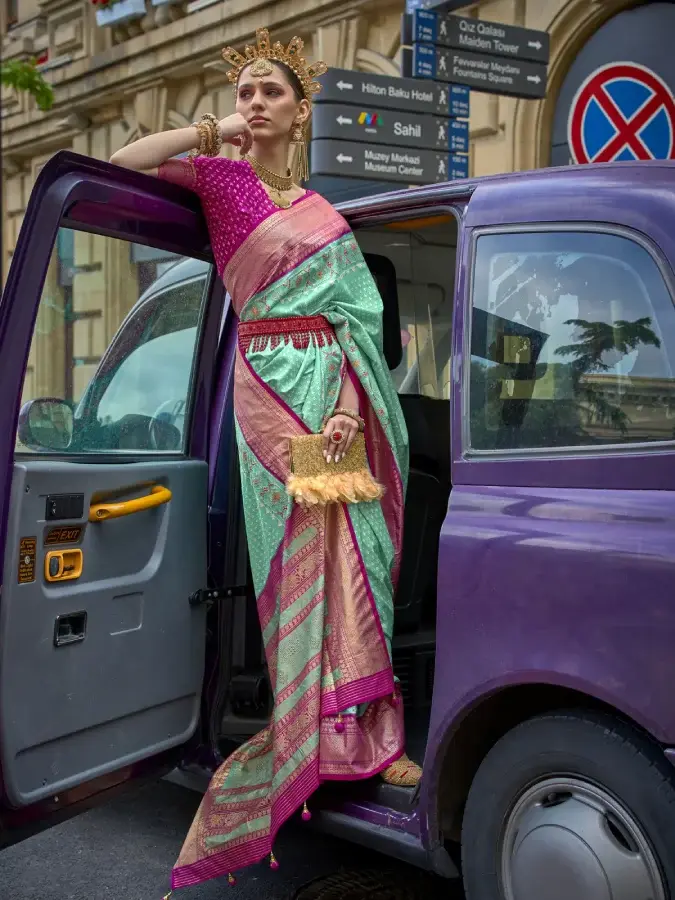 Women's Sea Green Designer Patola Print Silk Saree