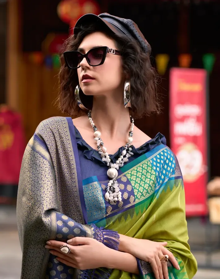 Thumbnail: Olive Green Banarasi Silk Fabric Zari Woven Saree