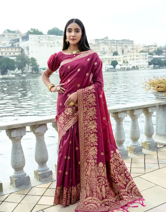 Thumbnail: Women's Maroon Woven Soft Silk Saree