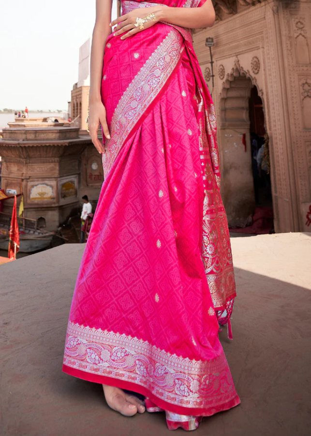 Thumbnail: Pink Woven Banarasi Satin Silk Saree