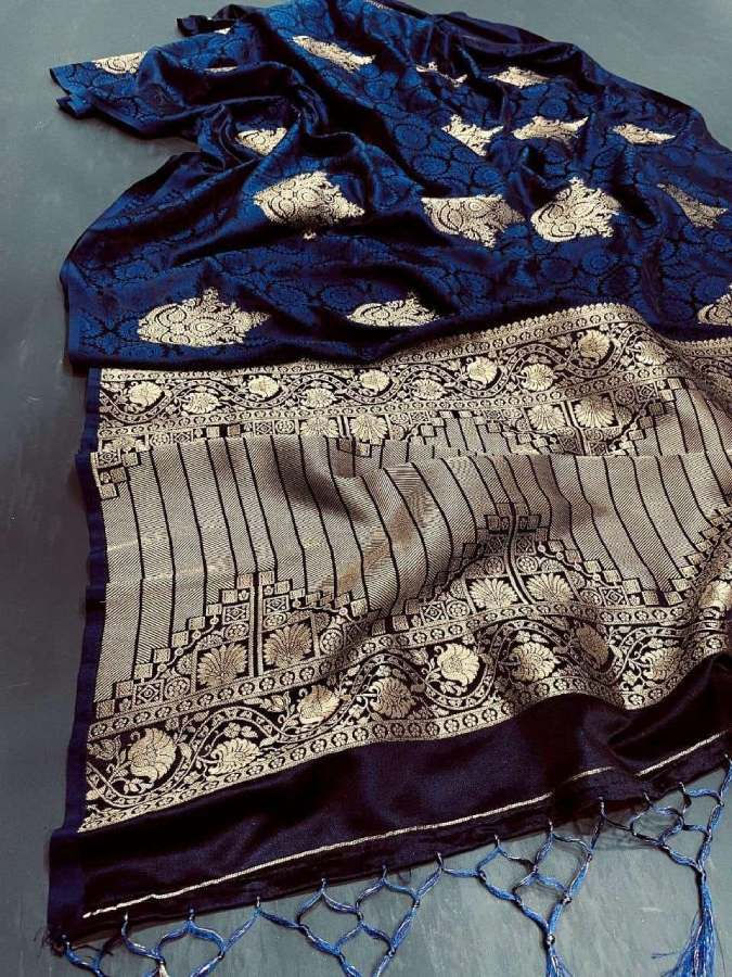 Thumbnail: Women's Blue Pure Banarasi Chanderi Saree
