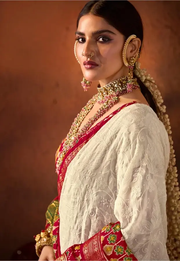 Thumbnail: White Exquisite Chikankari With Designer Patola Fusion Saree