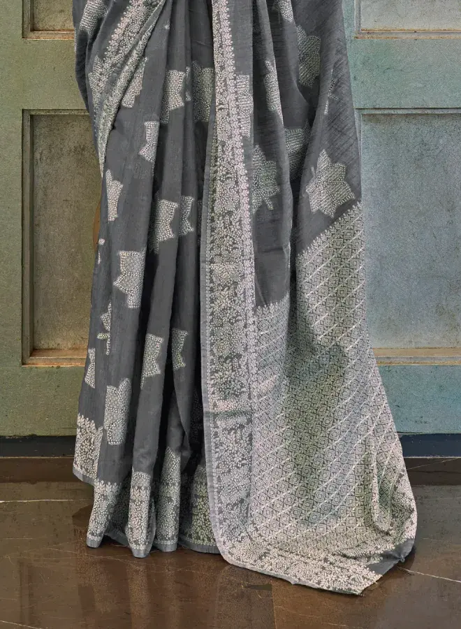 Thumbnail: Grey Lucknowi Silk Saree With Stylish Blouse Piece