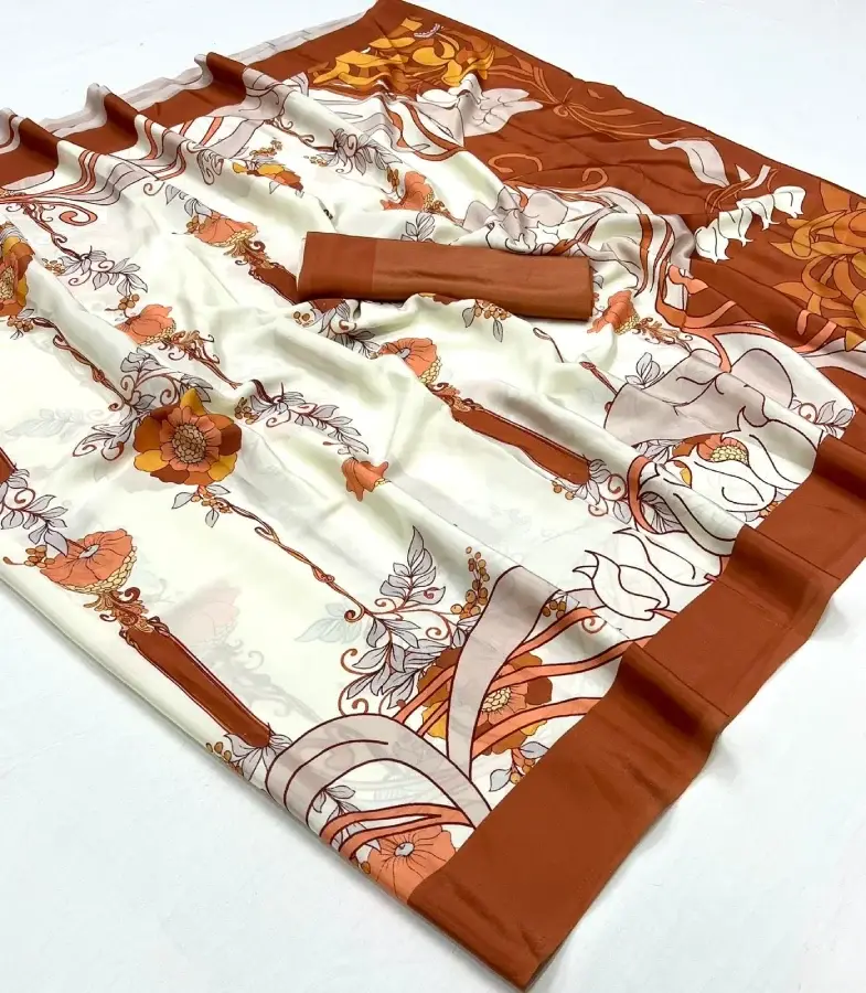 Thumbnail: Sea Shell White Digital Printed Pure Silk Crepe Saree With Abstract Pallu