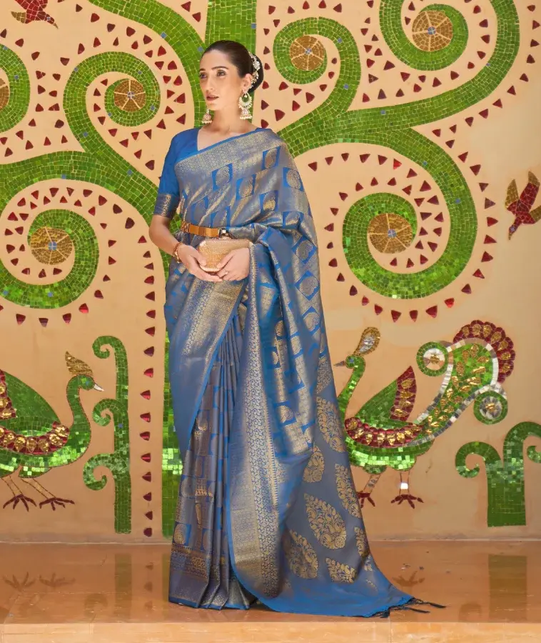 Sapphire Blue Kanjivaram Silk Blend Saree