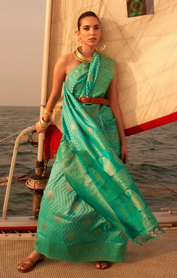 Sea Green Pure Banarasi Satin Silk Saree