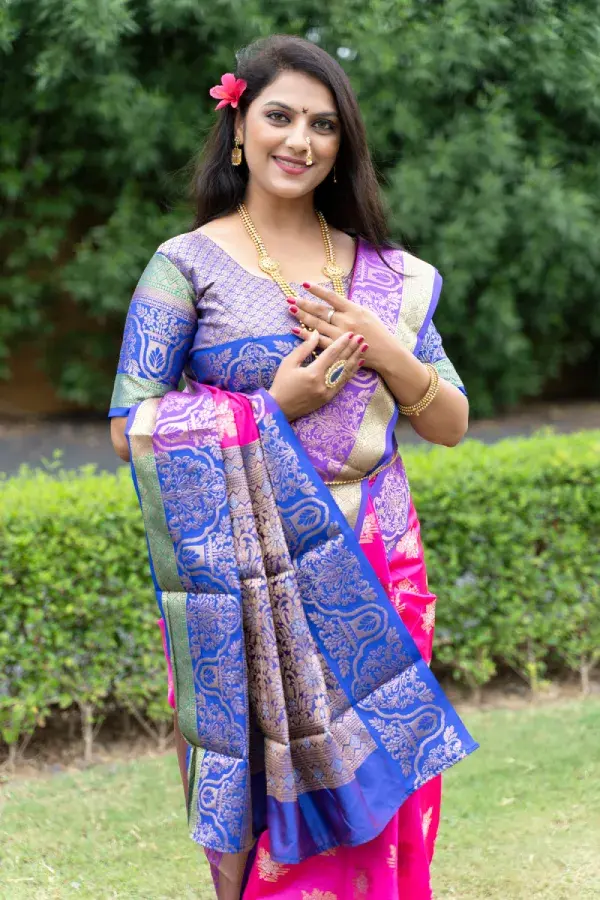 Thumbnail: Pink And Blue Kanchipuram Handloom Silk Saree And Unstitched Blouse