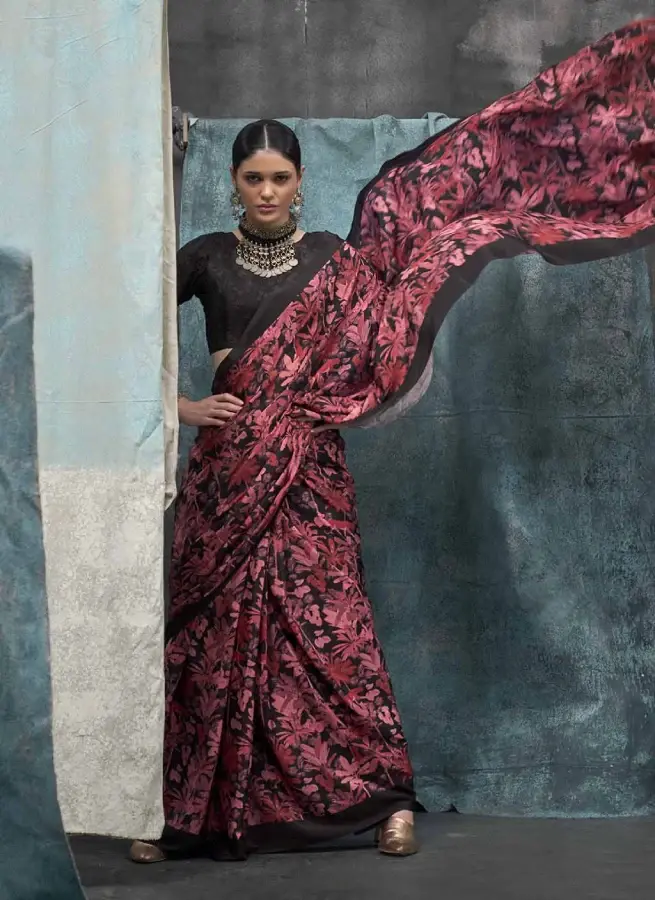 Thumbnail: Black and Red Digital Printed Pure Silk Crepe Saree