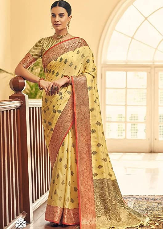 Thumbnail: Women's Yellow Shade Tussar Banarasi Silk Saree with Copper weaving