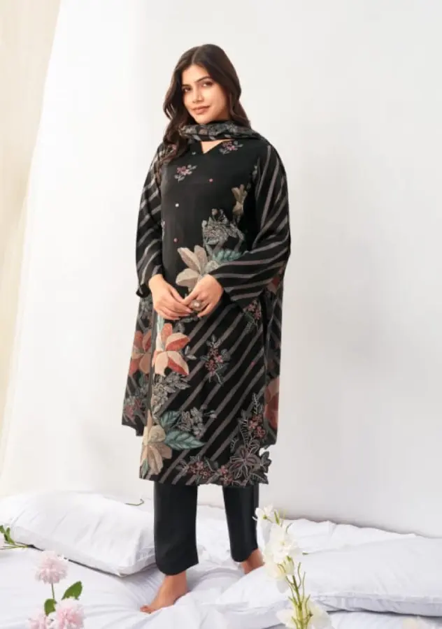 Elegance in Every Thread – Black Pure Viscose Muslin Embroidered Salwar Suit