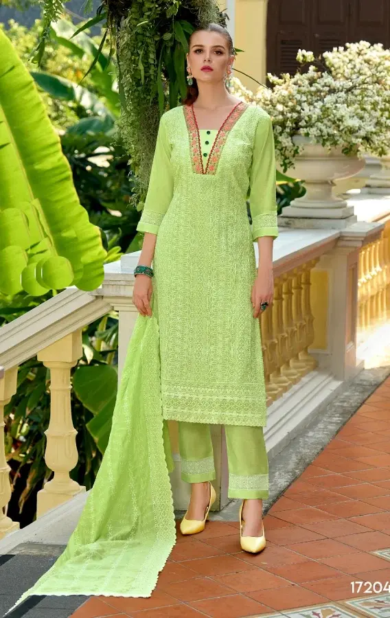 Thumbnail: Green Silk Chikankari Embroidered Readymade Pant Suits