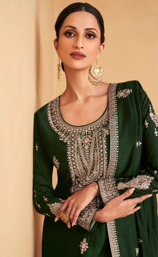 Thumbnail: Green Embroidered Art Silk Palazzo Unstitched Suit