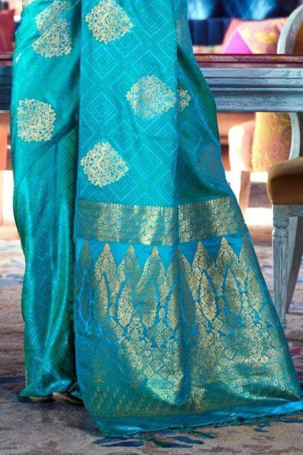 Thumbnail: Women's Turquoise Blue Pure Banarasi Chanderi Saree