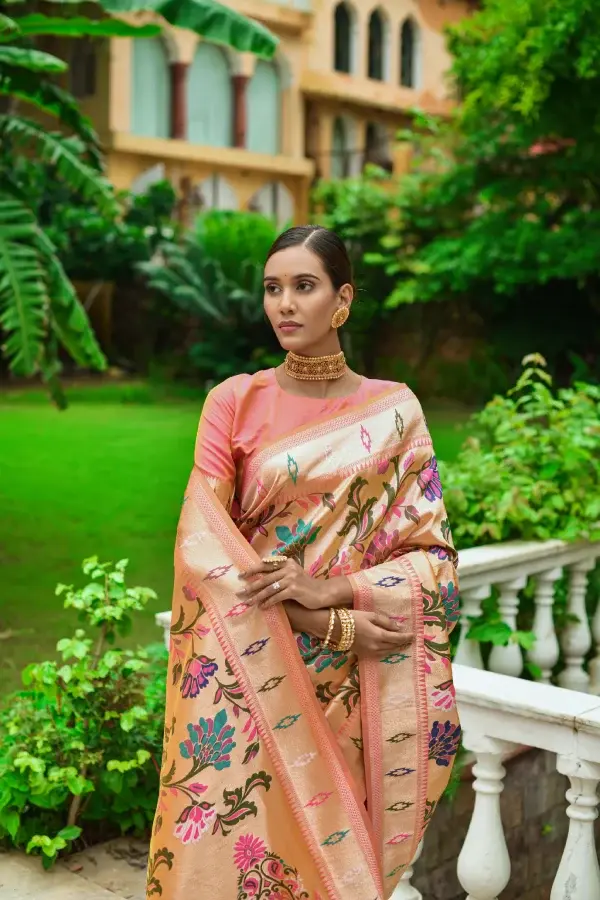 Thumbnail: Peach Paithani Saree With Fancy Meena Zari Weaving Silk Saree